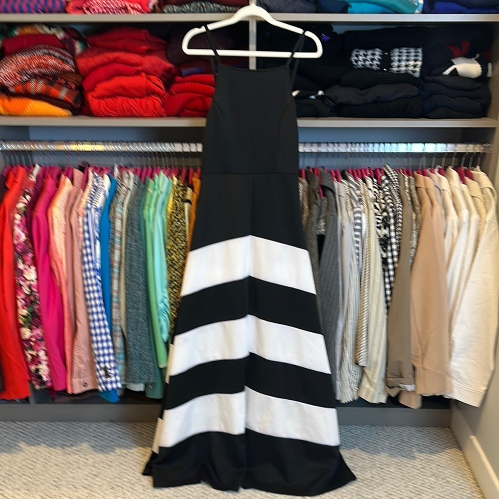 Misslook black/white striped sleeveless adjustable strap maxi dress size M